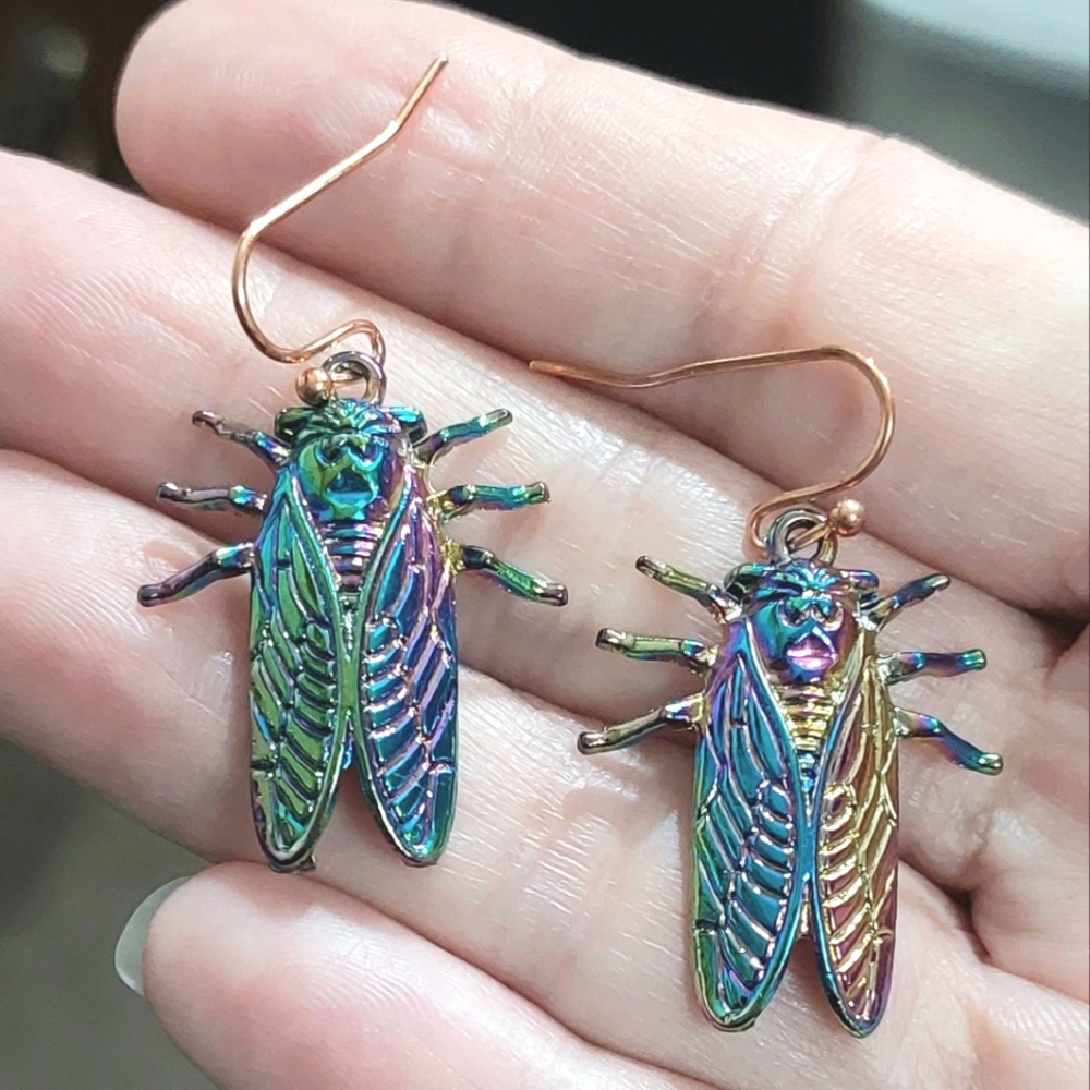 Iridescent Aurora Locust Cicada Insect Metal Earrings - Womens Jewelry